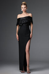 Cynthia Black Off-Shoulder Pleated Maxi Dress