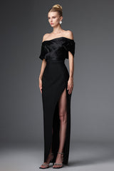 Cynthia Black Off-Shoulder Pleated Maxi Dress