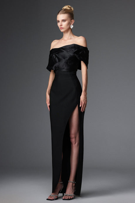 Cynthia Black Off-Shoulder Pleated Maxi Dress