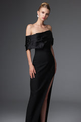Cynthia Black Off-Shoulder Pleated Maxi Dress