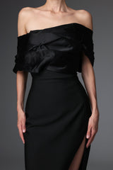 Cynthia Black Off-Shoulder Pleated Maxi Dress