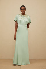 Cynthia Maxi Dress - Green Embellished Neckline - Open Back - Satin Finish
