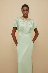 Cynthia Maxi Dress - Green Embellished Neckline - Open Back - Satin Finish