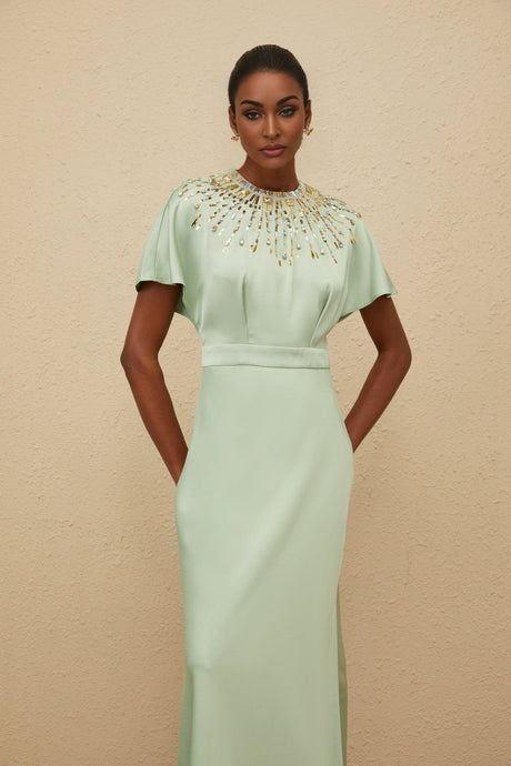 Cynthia Maxi Dress - Green Embellished Neckline - Open Back - Satin Finish