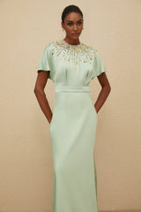 Cynthia Maxi Dress - Green Embellished Neckline - Open Back - Satin Finish