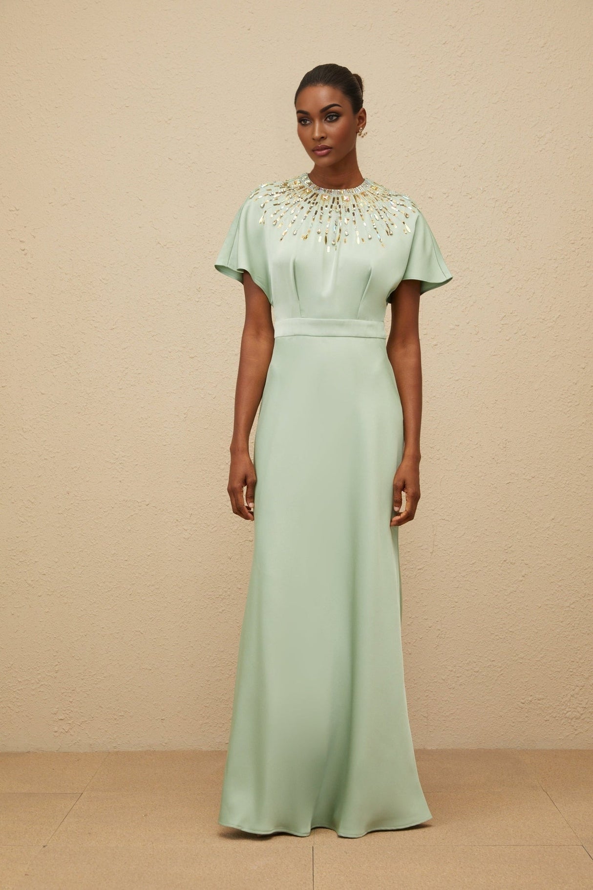 Cynthia Maxi Dress - Green Embellished Neckline - Open Back - Satin Finish