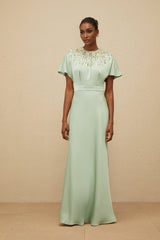 Cynthia Maxi Dress - Green Embellished Neckline - Open Back - Satin Finish