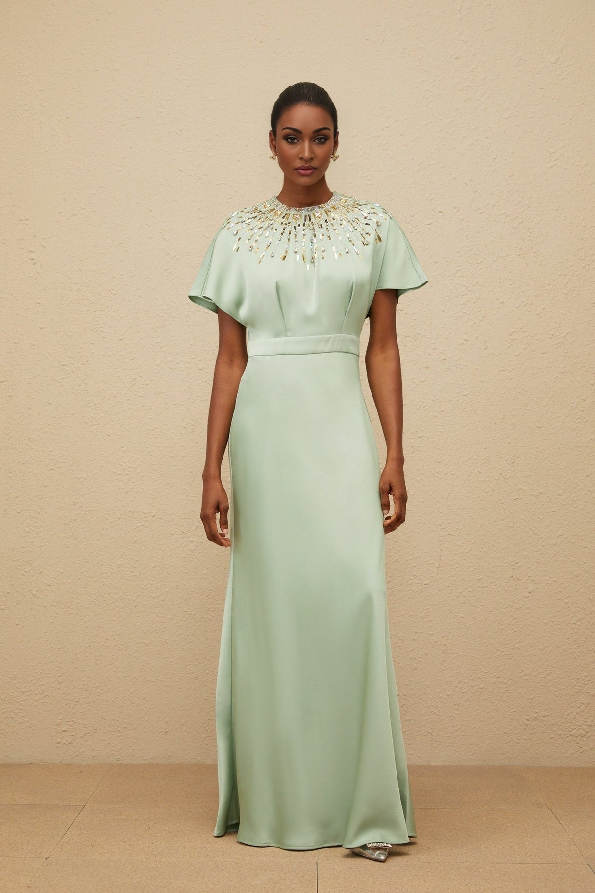 Cynthia Maxi Dress - Green Embellished Neckline - Open Back - Satin Finish