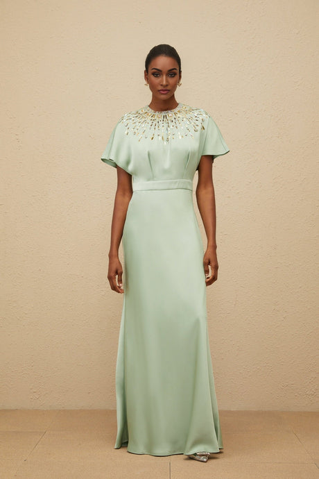 Cynthia Maxi Dress - Green Embellished Neckline - Open Back - Satin Finish