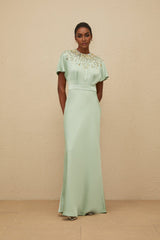 Cynthia Maxi Dress - Green Embellished Neckline - Open Back - Satin Finish