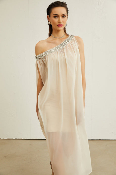 Cynthia Midi Dress – Sleeveless – Mono Shoulder – Crystal Embellishment