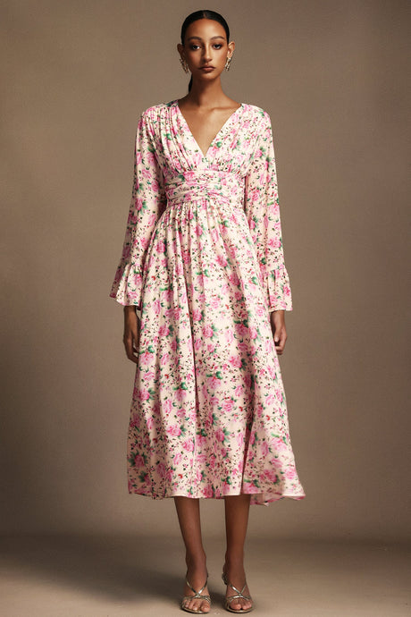 Cynthia Pink Floral Print V-Neckline Long Sleeve Midi Dress