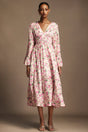 Cynthia Pink Floral Print V-Neckline Long Sleeve Midi Dress