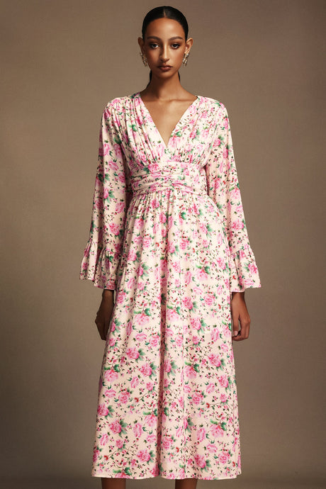 Cynthia Pink Floral Print V-Neckline Dress