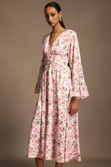 Cynthia Pink Floral Print V-Neckline Long Sleeve Midi Dress
