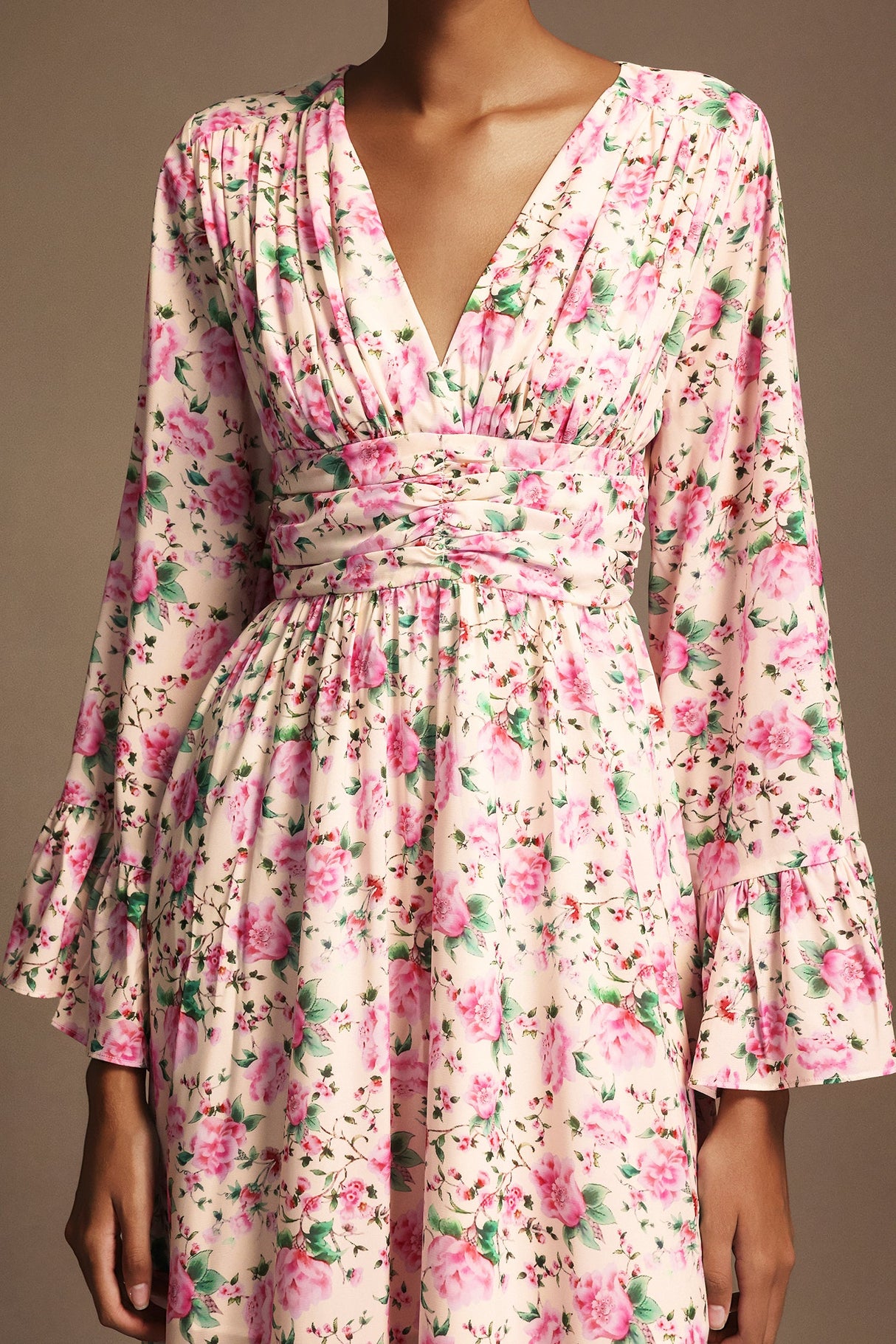 Cynthia Pink Floral Print V-Neckline Long Sleeve Midi Dress