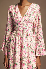 Cynthia Pink Floral Print V-Neckline Long Sleeve Midi Dress