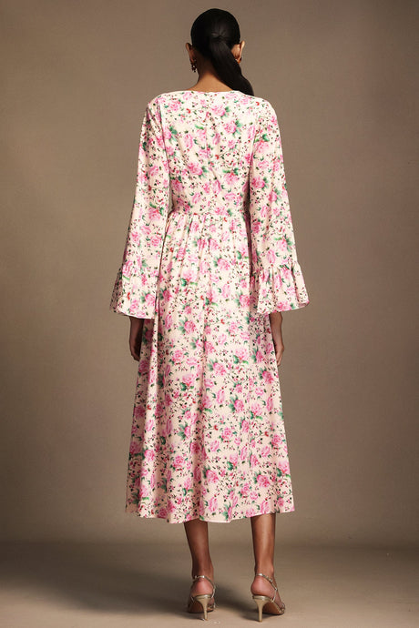 Cynthia Pink Floral Print V-Neckline Long Sleeve Midi Dress