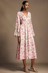 Cynthia Pink Floral Print V-Neckline Long Sleeve Midi Dress