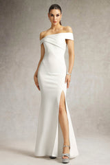 Cynthia White Off-Shoulder Slit Fitted Dress for Special Occasions
