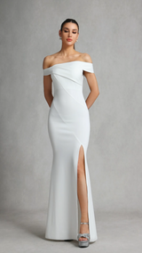 Cynthia White Off-Shoulder Slit Fitted Dress for Special Occasions