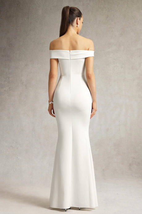 Cynthia White Off-Shoulder Slit Fitted Dress for Special Occasions