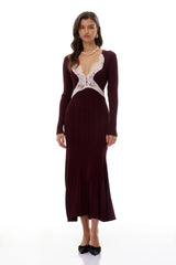Dagný Burgundy Lace Trim Knit Midi Dress