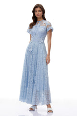 Dahlia Blue Floral Lace Maxi Dress with Butterfly Applique
