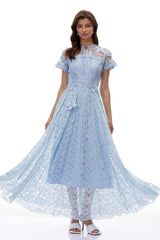 Dahlia Blue Floral Lace Maxi Dress with Butterfly Applique