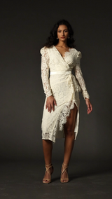 Dahlia Ivory Lace Sleeve V-Neckline High Slit Wrap Dress