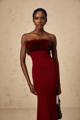 Dahlia Midi Dress - Mesh Overlay - Off the Shoulder - Faux - Fur Detail - Layered Design - Fitted Silhouette