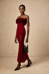 Dahlia Midi Dress - Mesh Overlay - Off the Shoulder - Faux - Fur Detail - Layered Design - Fitted Silhouette