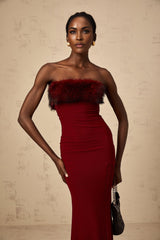 Dahlia Midi Dress - Mesh Overlay - Off the Shoulder - Faux - Fur Detail - Layered Design - Fitted Silhouette
