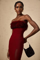 Dahlia Midi Dress - Mesh Overlay - Off the Shoulder - Faux - Fur Detail - Layered Design - Fitted Silhouette