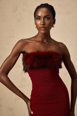 Dahlia Midi Dress - Mesh Overlay - Off the Shoulder - Faux - Fur Detail - Layered Design - Fitted Silhouette