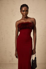 Dahlia Midi Dress - Mesh Overlay - Off the Shoulder - Faux - Fur Detail - Layered Design - Fitted Silhouette