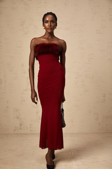 Dahlia Midi Dress - Mesh Overlay - Off the Shoulder - Faux - Fur Detail - Layered Design - Fitted Silhouette