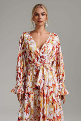 Dahlia White Flowing Silhouette V-Neckline Dress with Ruffled Sleeves and Cinched Waist