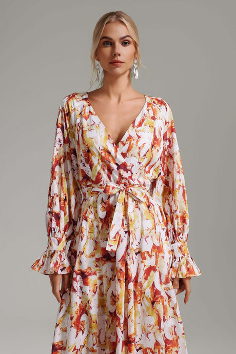 Dahlia White Flowing Silhouette V-Neckline Dress with Ruffled Sleeves and Cinched Waist