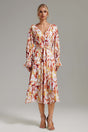 Dahlia White Floral Dress V-Neckline Ruffled Long Sleeves Cinched Waist