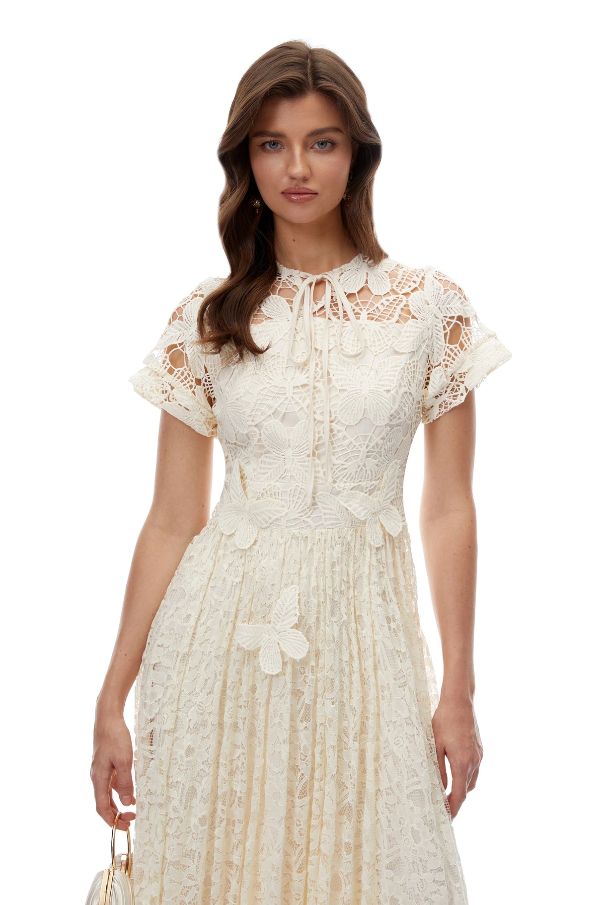 Dahlia White Floral Lace Maxi Dress with Butterfly Applique