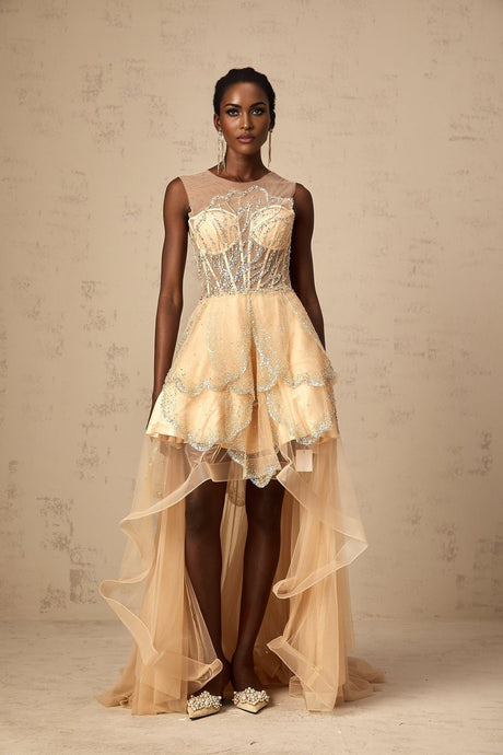 Daisy Gown - Tulle - Sequin & Bead Embellishment - High - Low Hem - Lace - Up Back - Corset Style - Train - Floor Length