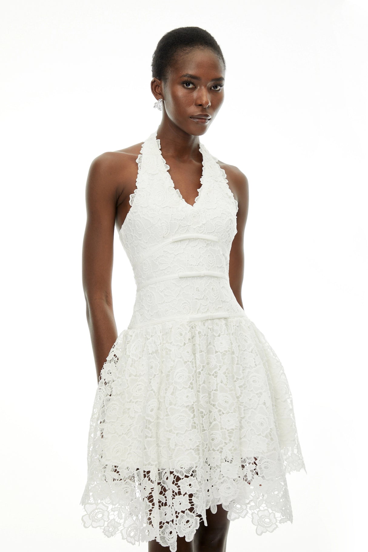 Daisy White VNeck Floral Lace Mini Dress with Bow