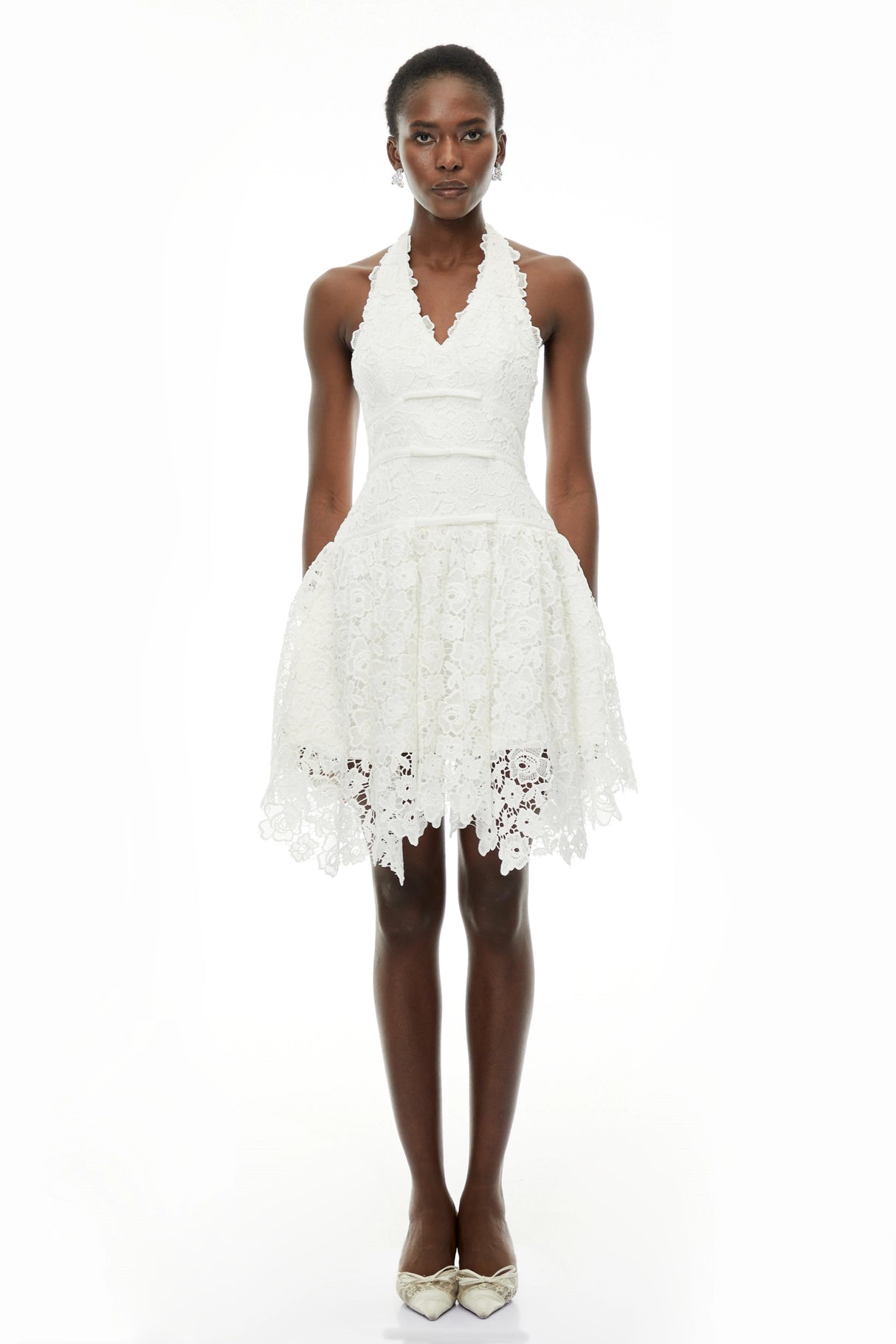Daisy White VNeck Floral Lace Mini Dress with Bow