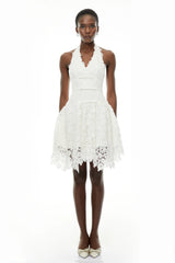 Daisy White VNeck Floral Lace Mini Dress with Bow