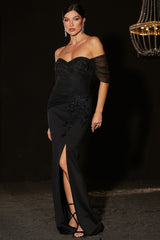 Dakota Black Off-Shoulder Maxi Gown with Embellishments and Side Slit for Special Occasions