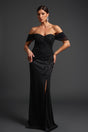 Dakota Black Off-Shoulder Maxi Gown Elegant Sophisticated Embellishments Glamour Side Slit Special Occasions Formal Gatherings Timeless Look Modern Twist Stylish