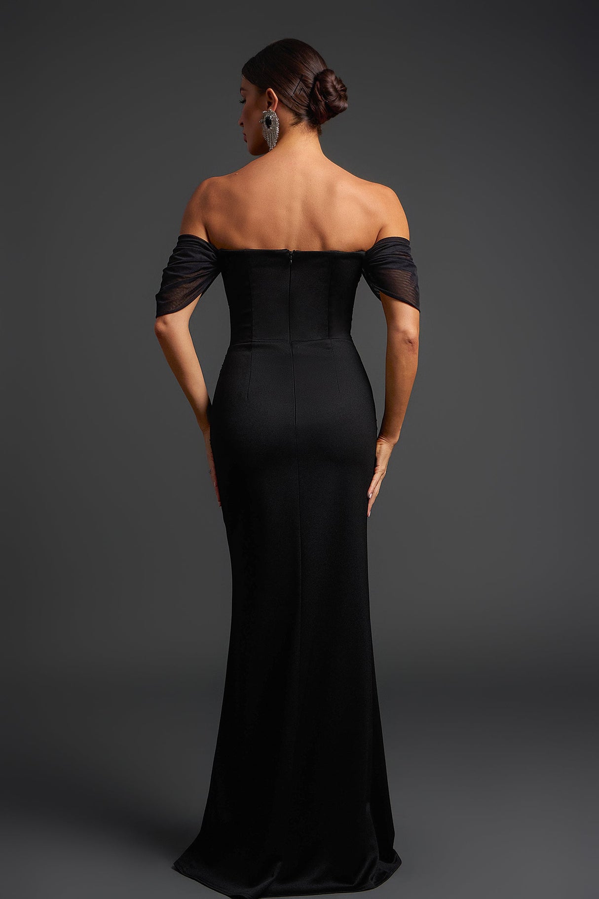 Dakota Black Off-Shoulder Maxi Gown with Embellishments Side Slit Elegant Sophisticated Dress