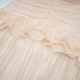 Dakota Maxi Dress Ruffled Pleated Neutral Glitter Strapless & Corset