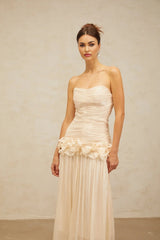 Dakota Maxi Dress Ruffled Pleated Neutral Glitter Strapless & Corset
